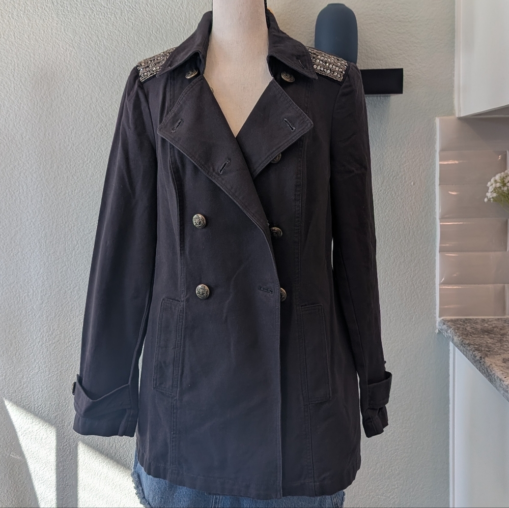 INC Stylish Black Double-Breasted Coat with Embellished Shoulders